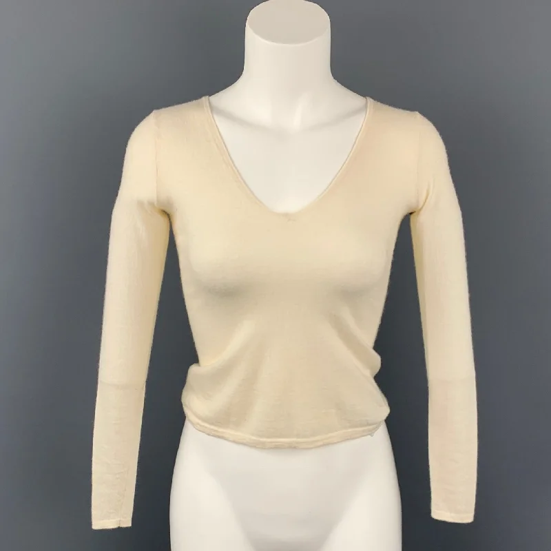 RALPH LAUREN Black Label Size XS Cream Knitted Cashmere V-neck Pullover Ruffle Neck Pullover