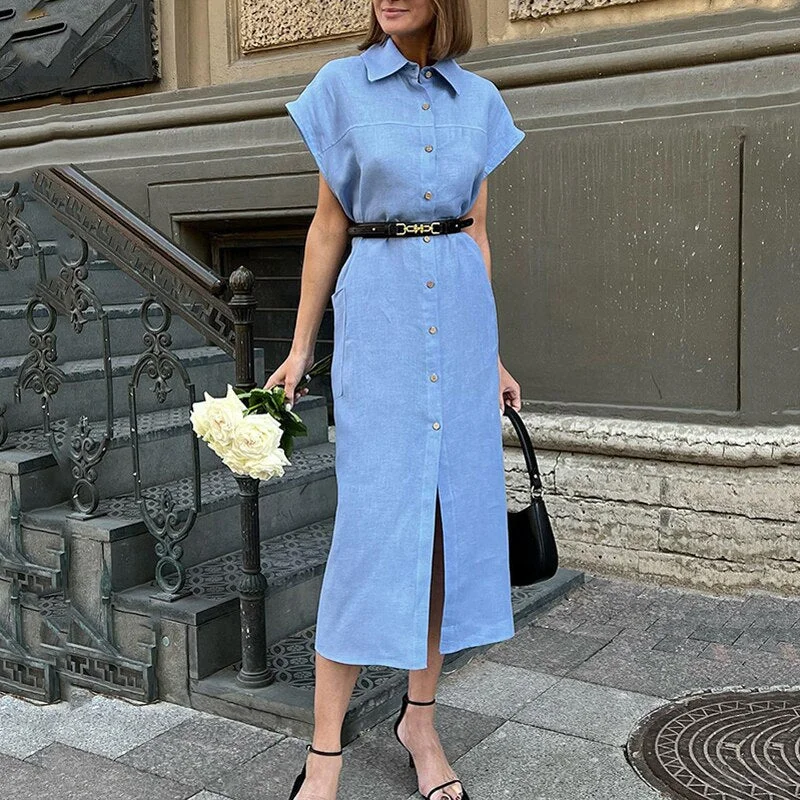 Pphmm Solid Summer Women Long Dress Fashion Short Sleeve Lapel Single Breasted Dress Ladies Casual Commuter Slim Pocket Dress Pphmm Solid Summer Women Long Dress Fashion Short Sleeve Lapel Single Breasted Dress Ladies Casual Commuter Slim Pocket Dress