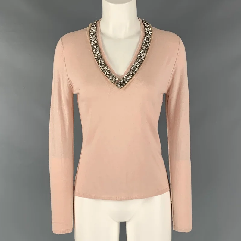 ROBERTO CAVALLI Size M Pink Cashmere Silk Rhinestones V-Neck Pullover Turtleneck Warm Pullover ROBERTO CAVALLI Size M Pink Cashmere Silk Rhinestones V-Neck Pullover Turtleneck Warm Pullover