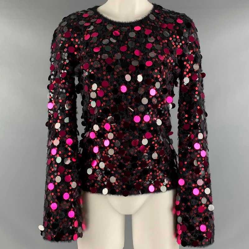 EMPORIO ARMANI Size S Black Pink Knit Payettes Crew Neck Pullover Scalloped Neck Pullover EMPORIO ARMANI Size S Black Pink Knit Payettes Crew Neck Pullover Scalloped Neck Pullover