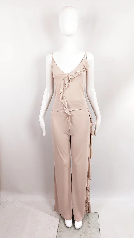 Orna Farho Paris Vintage Beige Ruffled Two Piece Top & Trousers Set Trousers Evening Elegant