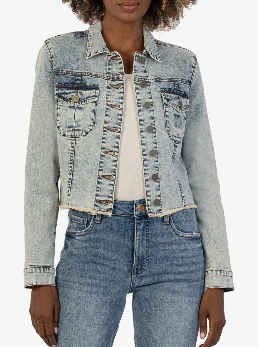 Kara Jacket No Waist W Fray [Champaigned W Medium-KJ0314ML8] Denim Fabric Leather Fabric Suede Fabric