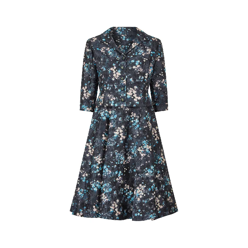 1950s Suzanne Pardo Couture Blue Floral Dress and Jacket Suit Zip Front Button Front Snap Front 1950s Suzanne Pardo Couture Blue Floral Dress and Jacket Suit Zip Front Button Front Snap Front