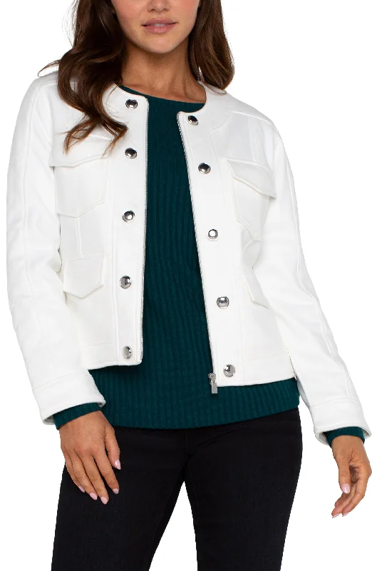 SCOOP NECK QUILTED ZIP JACKET - PORCELAIN Zip Front Button Front Snap Front