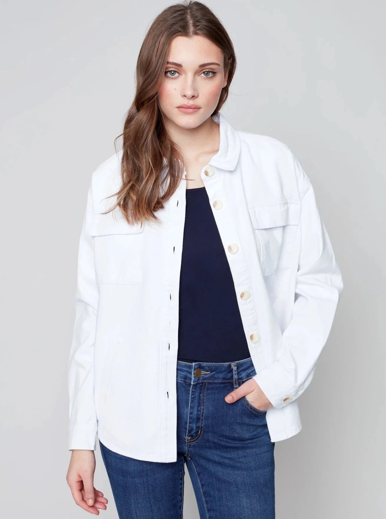 Solid Jean Jacket [White-C6248] Lace Jacket Ribbed Jacket Sequined Jacket