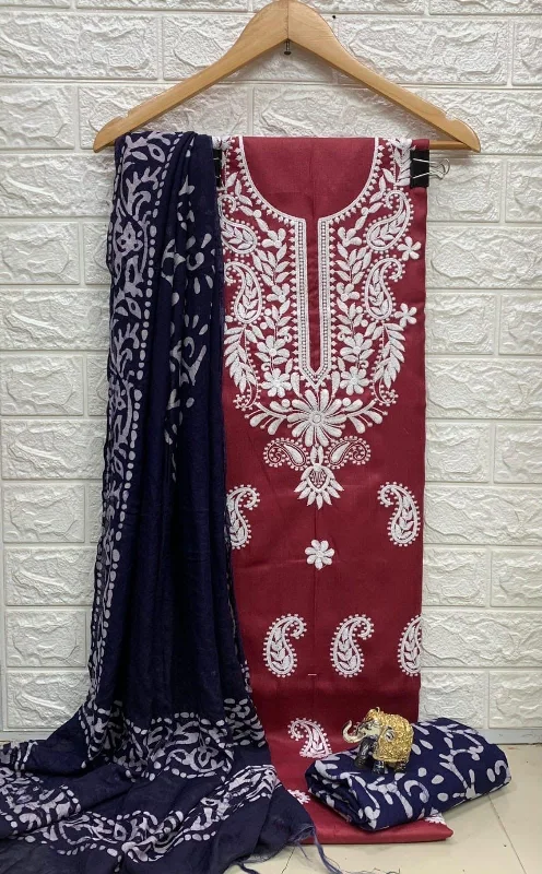 Slub cotton Neckwork with Batik work Dupatta and Salwar Dress Material (Unstitched)