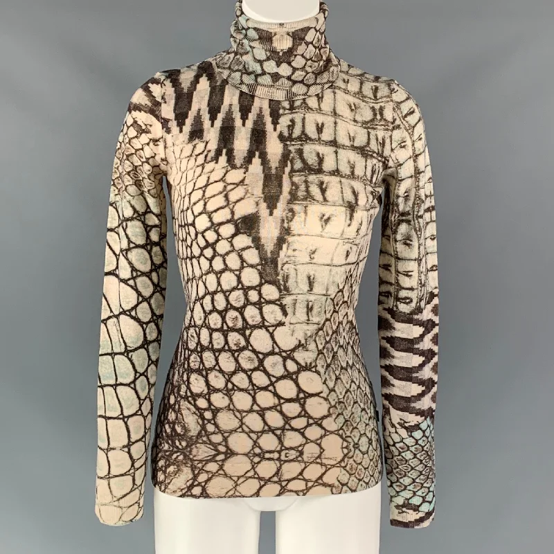 JUST CAVALLI Size 4 Taupe Cream Wool Snake skin print Pullover Long Bell Sleeve