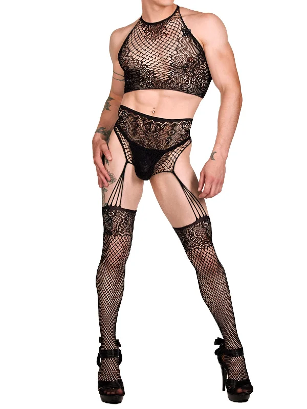 Two Piece Lace Crop Top & Garter Pantyhose Striped Floral Plaid