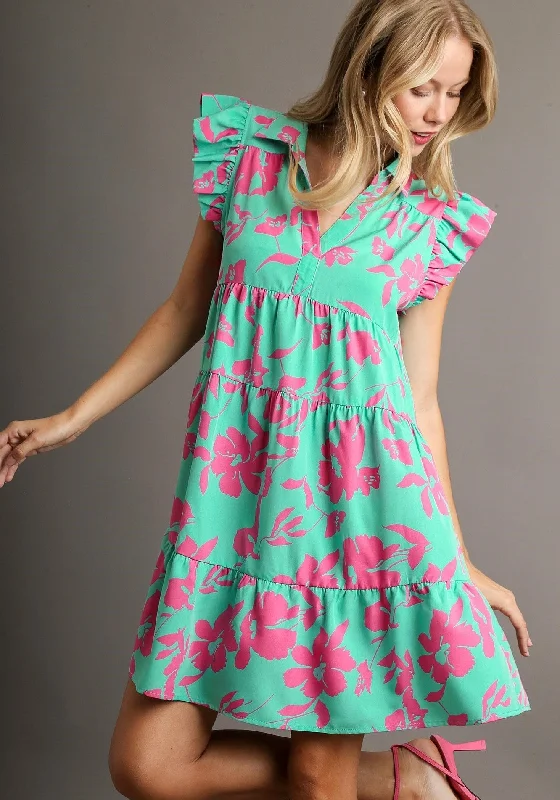 Umgee Floral Print Collar Tiered Dress in Cotton Candy Mix