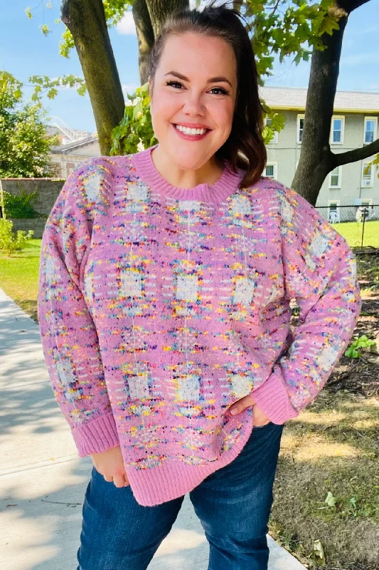 Adorable Pink Multicolor Popcorn Knit Sweater Bright Pastel Dark