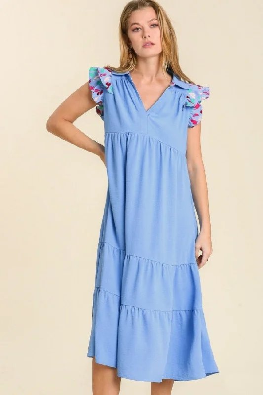 Umgee Tiered Dress with Printed Flutter Sleeves in Denim Blue Color