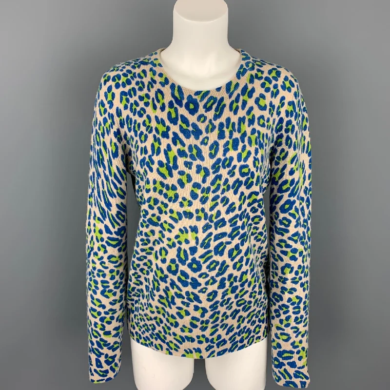 EQUIPMENT Size M Taupe & Blue Animal Print Cashmere Pullover Bolero Style Sweater