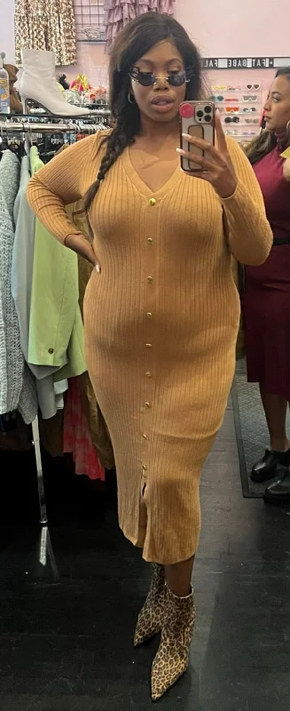 Jeannie Mai x INC Tan Ribbed V-Neck Sweater Dress with Gold Faux Buttons, Size XL Iron Safe Non-Iron Wrinkle Free Jeannie Mai x INC Tan Ribbed V-Neck Sweater Dress with Gold Faux Buttons, Size XL Iron Safe Non-Iron Wrinkle Free