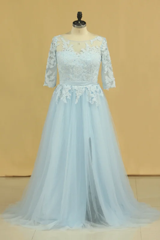 Mother Of The Bride Dresses A Line Bateau Tulle With Applique And Sash Sweep Train Plus Size Light Sky Blue Mother Of The Bride Dresses A Line Bateau Tulle With Applique And Sash Sweep Train Plus Size Light Sky Blue