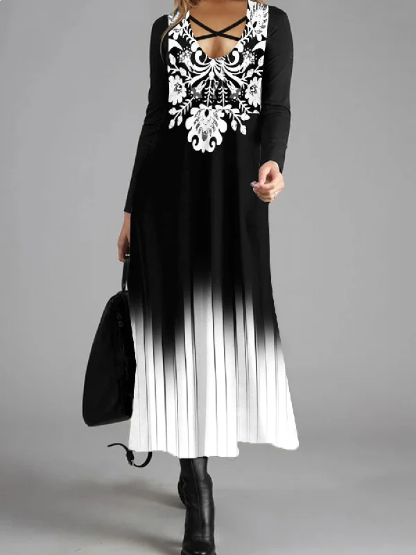 Gradient Long-sleeved V-neck Slim Casual Dress