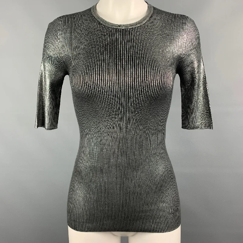 LOUIS VUITTON Size S Silver & Black Ribbed Silk Short Sleeve Pullover Polo Neck Sweater