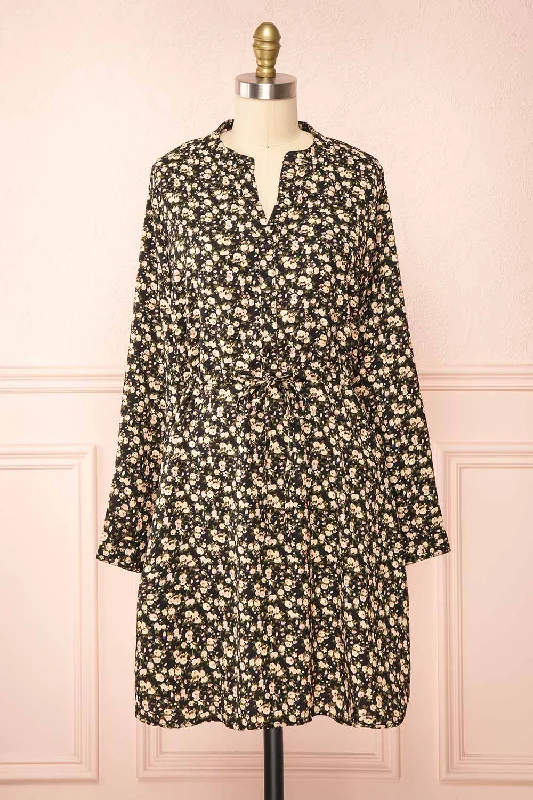 Estefania | Black Floral Short V-Neck Dress