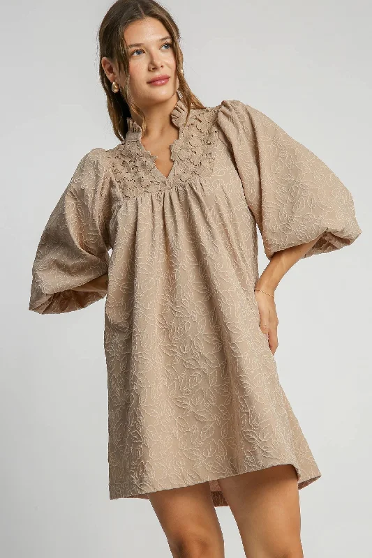 Umgee A-Line High Neck Floral Dress in Latte