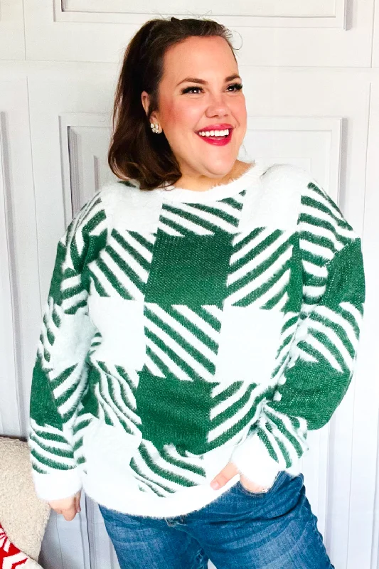 Under The Christmas Tree Green Plaid Soft Brushed Hairy Sweater Fitted Slim Tailored Under The Christmas Tree Green Plaid Soft Brushed Hairy Sweater Fitted Slim Tailored