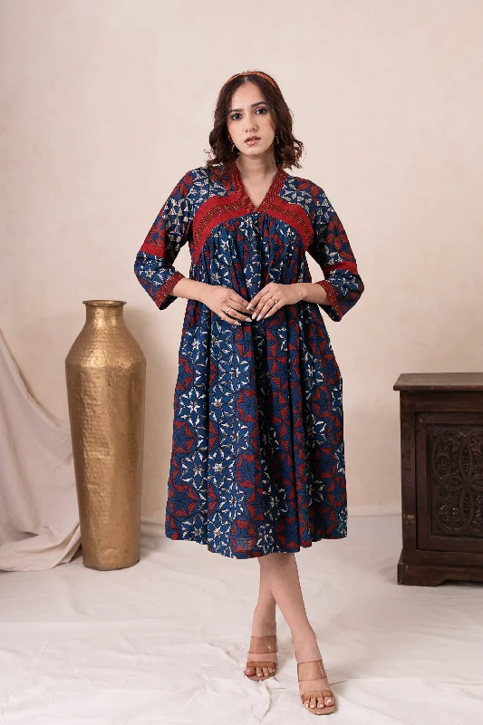 Aakruti Navy Blue Ajarakh Cotton Dress | Ray-ethnic