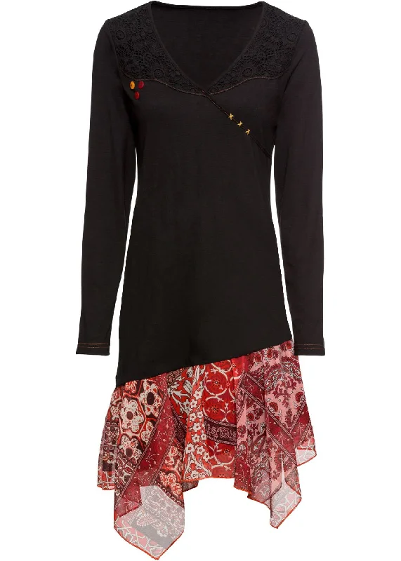 V-Neck Button Decoration Lace Tunic Dress