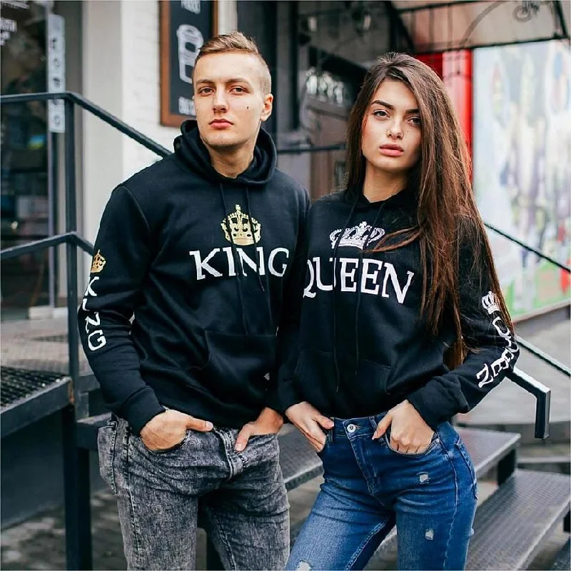 King Queen Printed Couple Hoodies Women Men Sweatshirt Lovers Couples Hoodies Casual Pullovers Gift Ruffled Neck Pullover