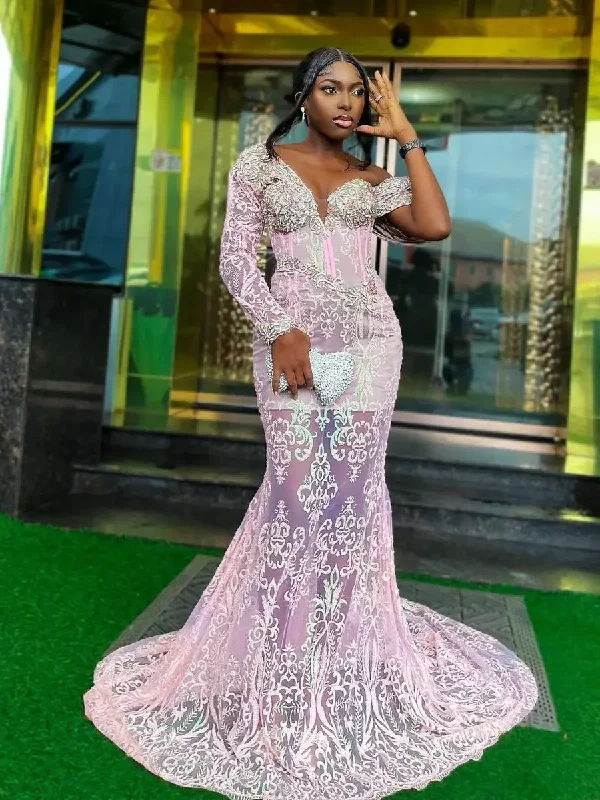 See Through Lace Mermaid Prom Dress With One Shoulder Appliques Beads One Shoulder Long Sleeves Evening Dress Aso Ebi Party Gown See Through Lace Mermaid Prom Dress With One Shoulder Appliques Beads One Shoulder Long Sleeves Evening Dress Aso Ebi Party Gown