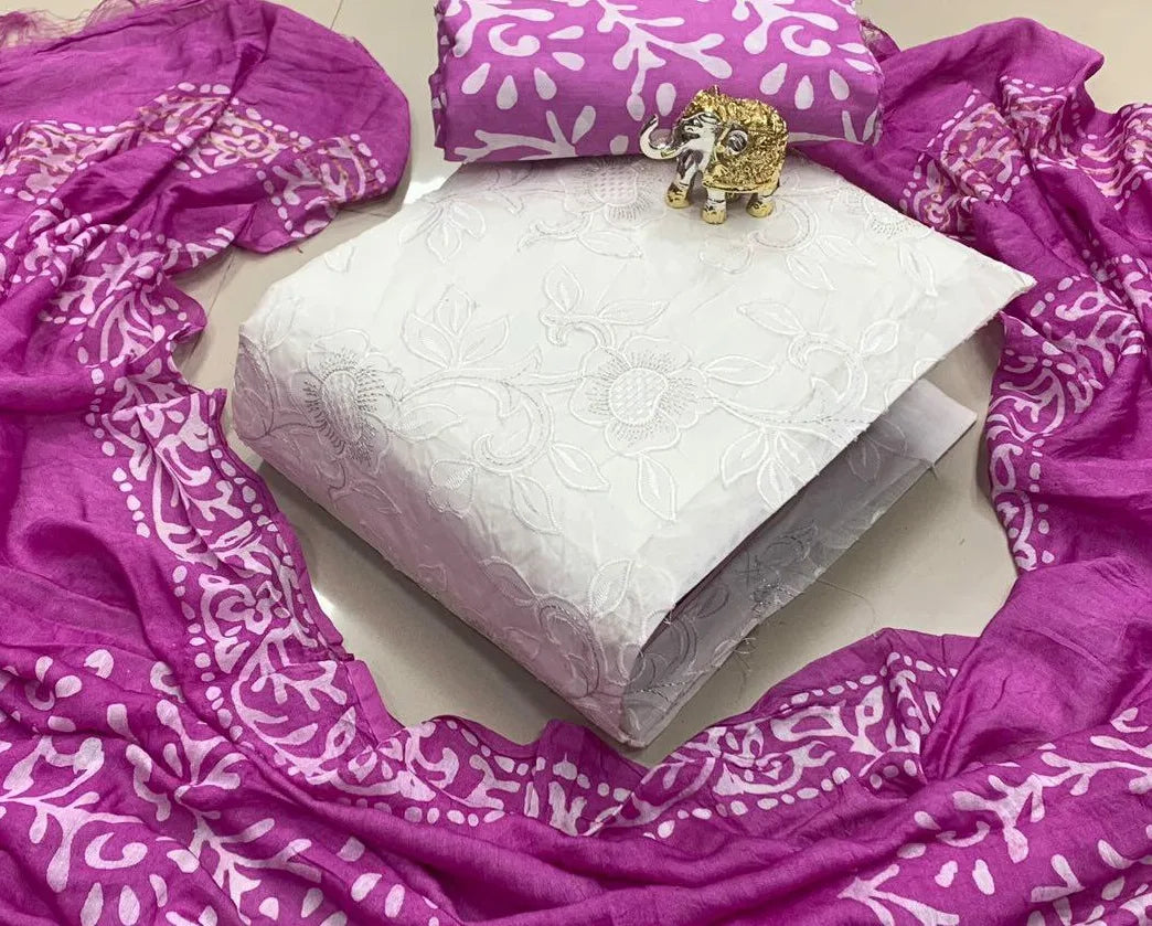Chikankari work with Batik Print Dress Material (Unstitched)