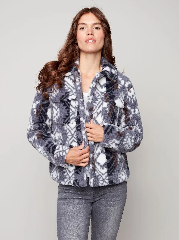 Printed Sherpa Button Front Short Knit Jacket [Charcoal-C6227] Belted Jacket Elasticated Jacket Padded Jacket