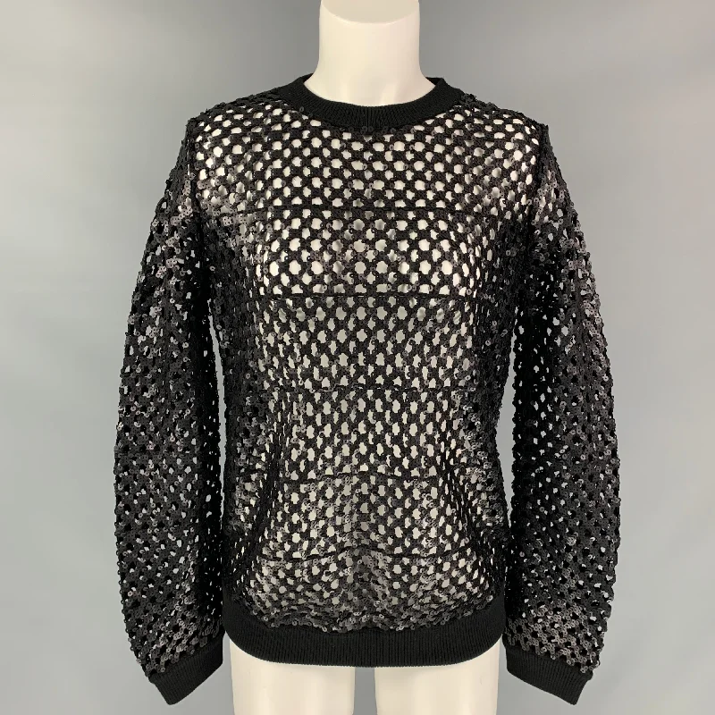 TORY BURCH Size S Black Sequined Mesh Pullover Crew Neck Wool