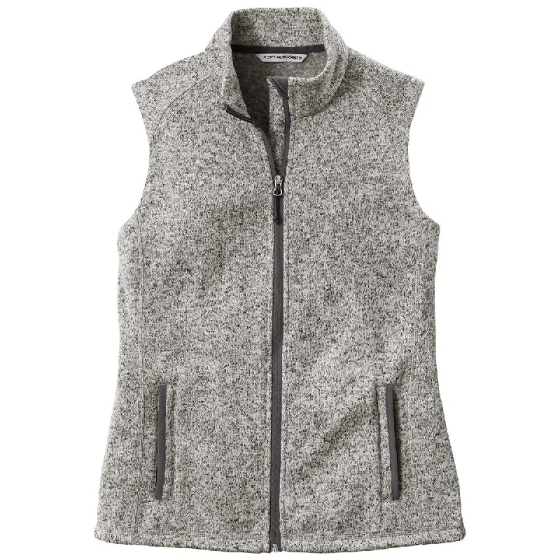 Port Authority Women's Grey Heather Sweater Fleece Vest Zippered Buttoned Snapped