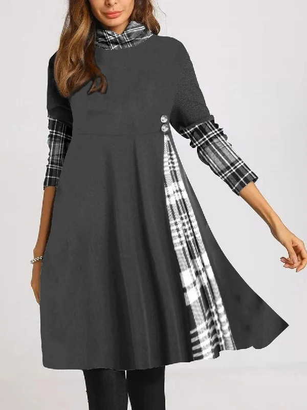 Solid Color Plaid Stitching Wide Hem Dress