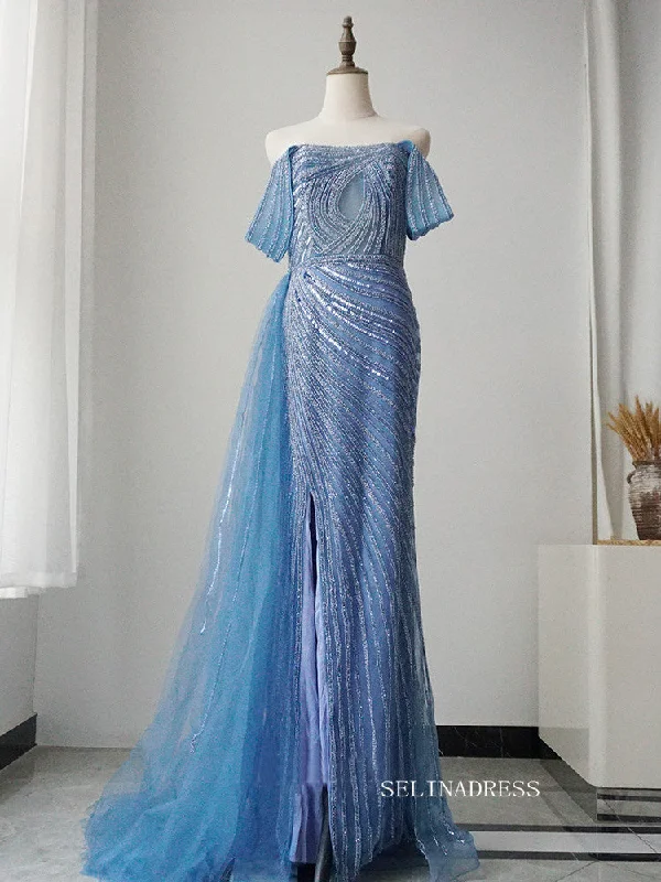 Elegant Strapless Blue Long Prom Dress Sparkly Beaded Long Evening Dress Formal Gown FUE013 Elegant Strapless Blue Long Prom Dress Sparkly Beaded Long Evening Dress Formal Gown FUE013