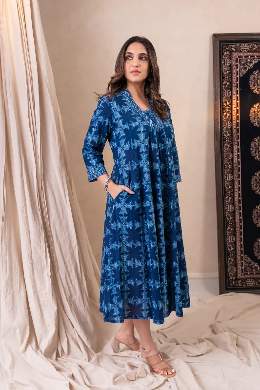 Aakruti Indigo Blue Dabu Cotton Dress | Ray-ethnic