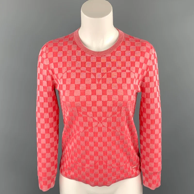 AKRIS Size 2 Pink Checkered Silk Blend Crew-Neck Pullover Saggy Sleeve Comfort