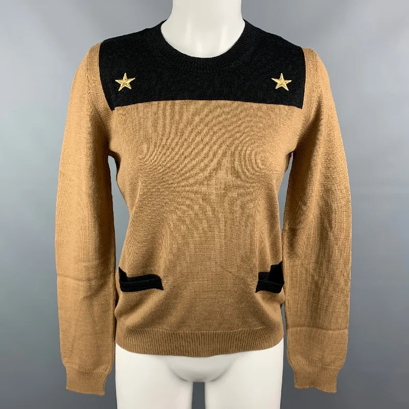 LOVE MOSCHINO Size 6 Beige Black Wool / Acrylic Color Block Front Pockets Gold Stars Pullover Tapered Sleeve Pullover