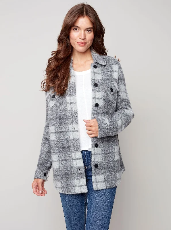 Long Sleeve Shirt Jacket With Pockets [Charcoal-C6192R] Snapped Jacket Toggled Jacket Drawstring Jacket