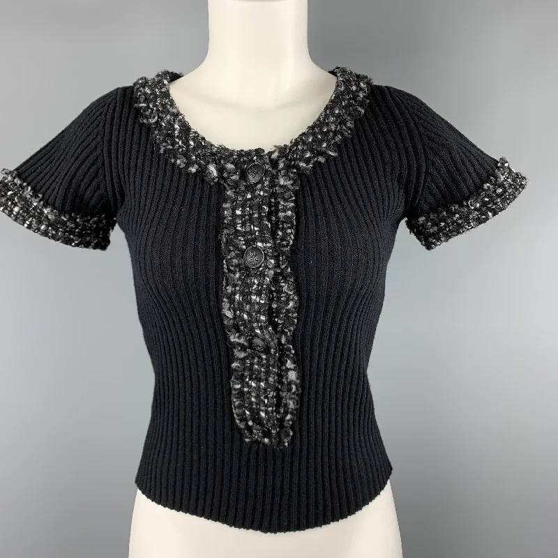 CAROLINA HERRERA Size 6 Black Wool Blend Gray Trim Short Sleeve Button Pullover Bell Sleeve Stylish