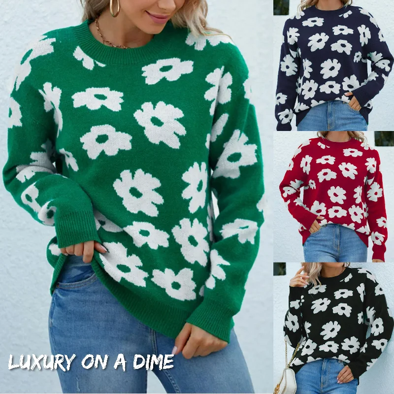 Knit Daisy Retro Flower Pullover Classic Long Sleeve Round Neck Sweater Shirt Cable Knit Chunky