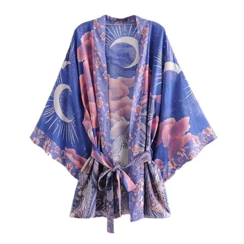 Crescent Moon & Pink Clouds Kimono Jacket Cotton Jacket Linen Jacket Terry Jacket