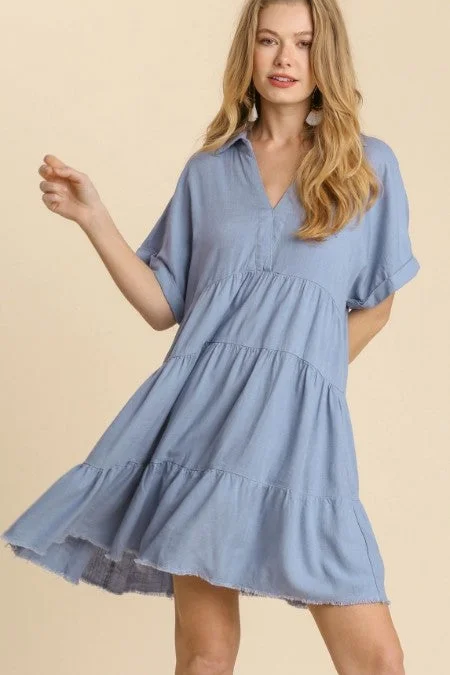 Umgee Linen Blend Tiered Dress in Dusty Blue