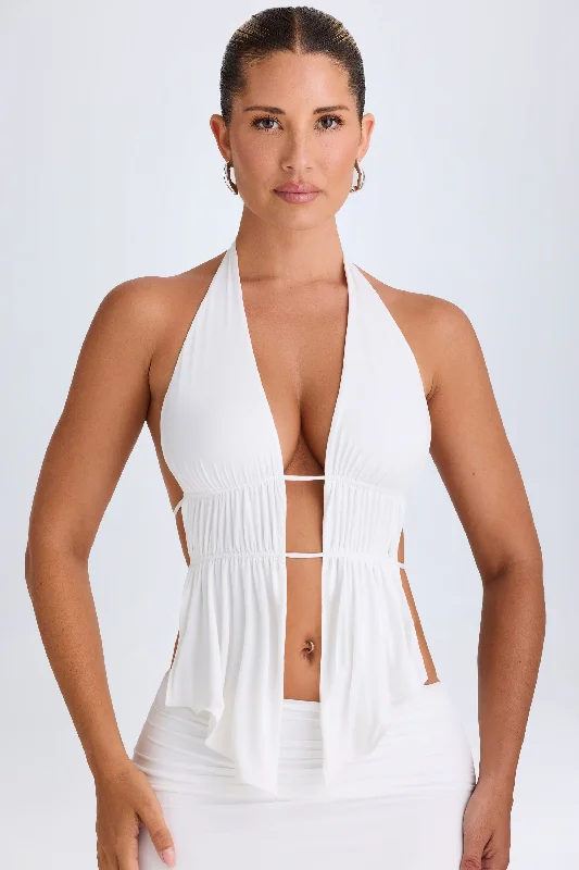 Cut-Out Ruched Halterneck Crop Top in White Collared Crop Top Boat Neck A-Line