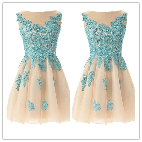 Blue Fitted Tulle Lace Short Prom Dress