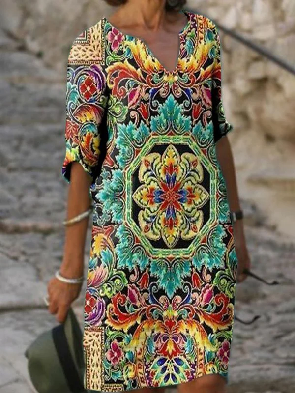 Ethnic Style Retro Loose Print V-neck Casual Dress
