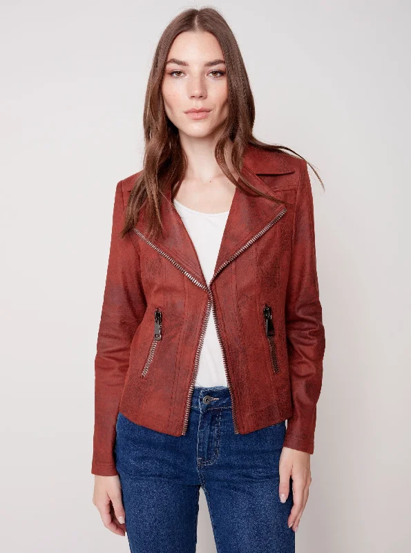 Moto Jacket [Cinnamon-C6282] Herringbone Jacket Houndstooth Jacket Plaid Jacket
