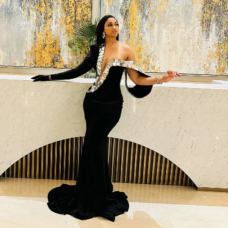Sexy Velvet Evening Dresses One Shoulder Long Sleeves Mermaid Prom Dress vestidos de noche Aso Ebi Girls Celebrity Party Gowns Sexy Velvet Evening Dresses One Shoulder Long Sleeves Mermaid Prom Dress vestidos de noche Aso Ebi Girls Celebrity Party Gowns