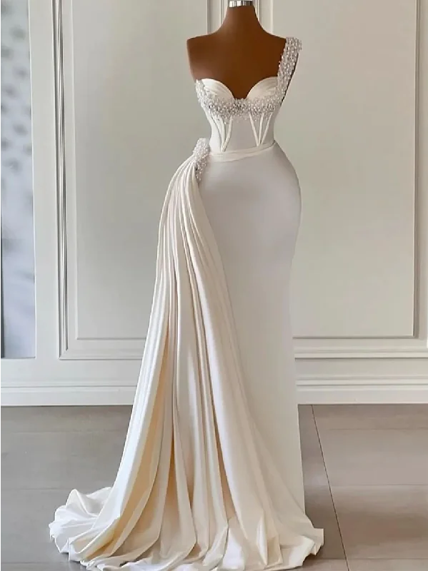 Mermaid One Shoulder Ivory African Prom Dress Beaded Ruffles Long Evening Gowns Formal Dress #POL047 Mermaid One Shoulder Ivory African Prom Dress Beaded Ruffles Long Evening Gowns Formal Dress #POL047