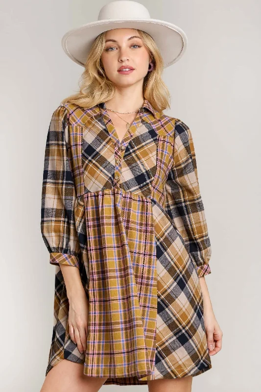 Umgee Mixed Plaid Button Down Dress in Camel Mix