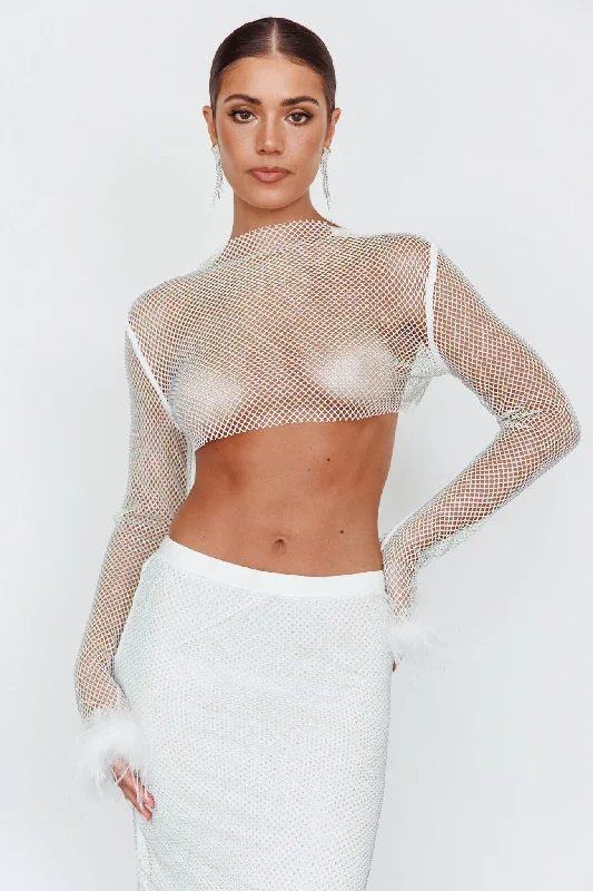 Slay All Day Feather Cuff Crop Top White Mesh Fabric Canvas Fabric Denim Fabric