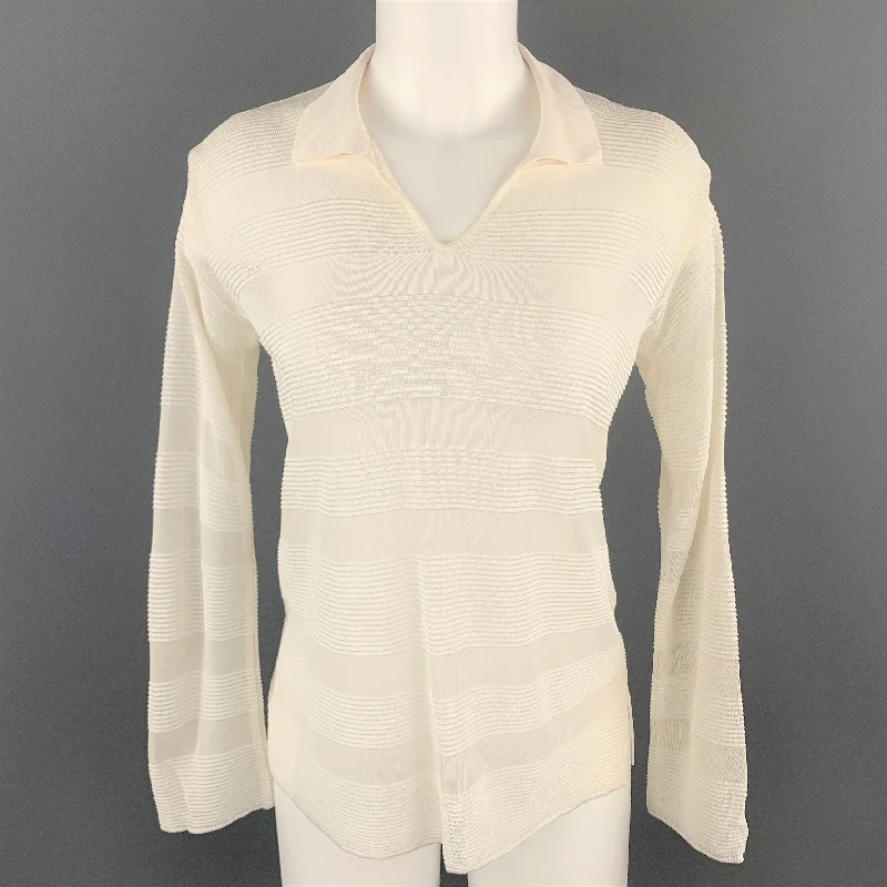GIORGIO ARMANI Size 4 Cream Burnout Striped Viscose Collared Pullover Batwing Sleeve Top